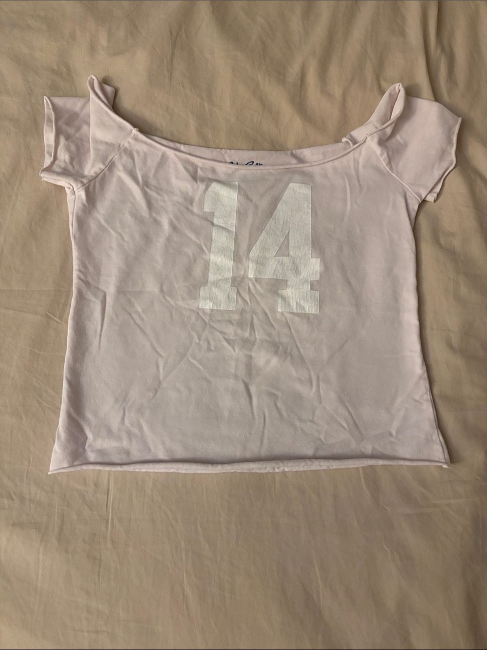 Brandy Melville Pale Pink Off-Shoulder Crop Top with White '14' Print